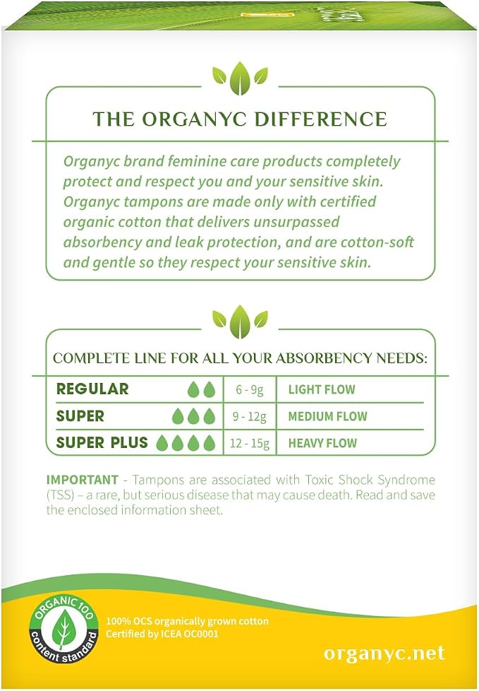 Organyc 100% Certified Organic Cotton Tampons, Plant-Based Eco-Applicator, Regular Flow, 16 Count (Pack of 6)
