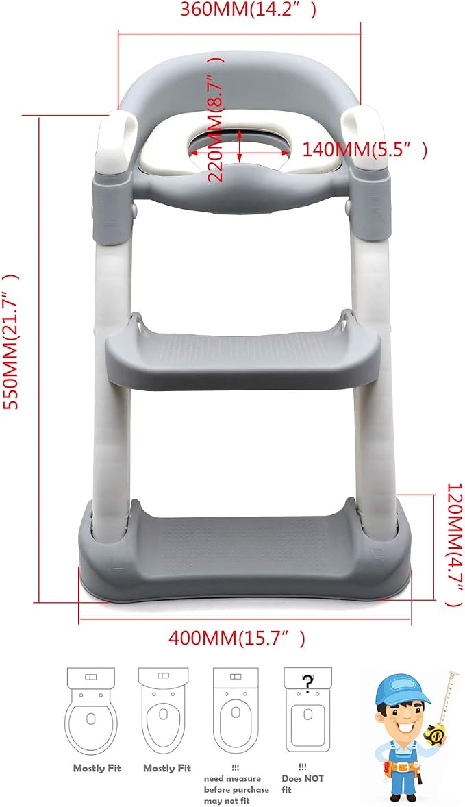 Classic Potty Training Toilet Ladder Seat With Upgraded Cushion Step Stool Ladder Toilet Trainer for Baby Toddler Kids Children In Gray [P/N: ET-BABY002-GRAY-C]