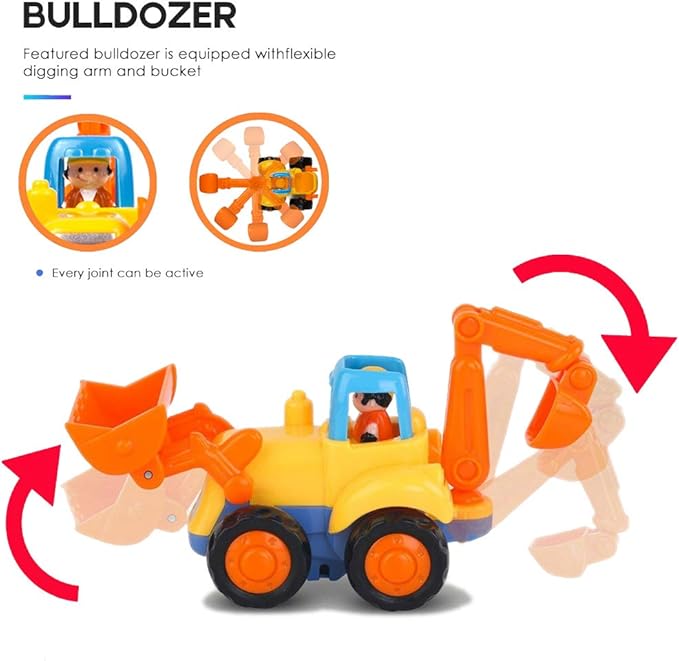 Friction Powered Cars Push and Go Trucks Construction Vehicles Toys Set of Tractor Bulldozer Dump Truck Cement Mixer for Baby Toddlers Infants Boys Gifts