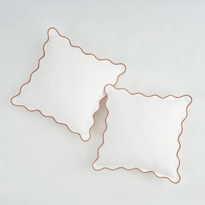 Scalloped Pillow Covers Set of 2 for Living Room | Decorative Sofa Couch Pillows | Boho Sytle Decorative Home | Aesthetic Funky Preppy Pillow Cases (Beige & Brown, 26x26 Inch)