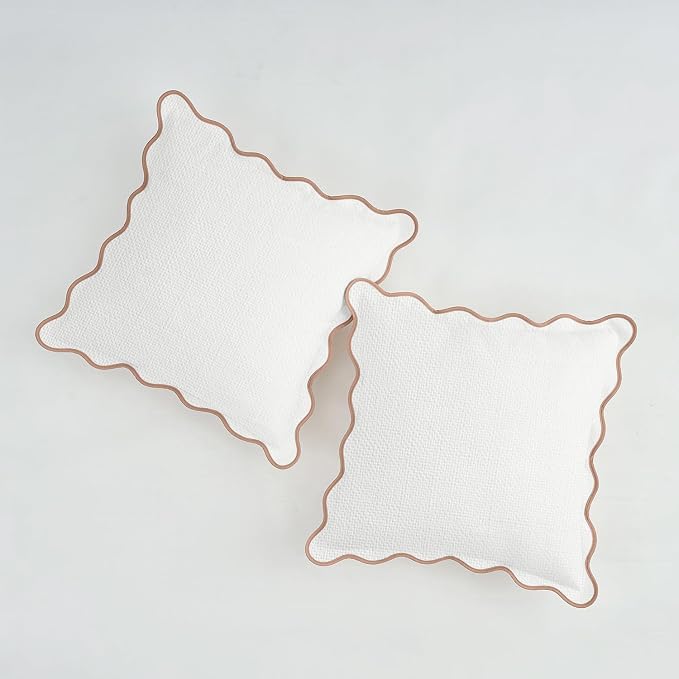 Scalloped Pillow Covers Set of 2 for Living Room | Spring Decorative Sofa Couch Pillows | Boho Sytle Decorative Home | Aesthetic Funky Preppy Pillow Cases (Beige & Brown, 16x16 Inch)