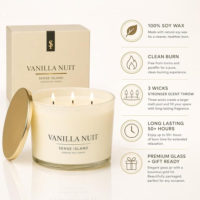 Vanilla Nuit 3 Wick Soy Candle – Large Creamy Vanilla Scented Candle for Home with Gold Lid & Beige Glass Vessal, Natural Soy Wax, Long Lasting Burn – Sensual Gourmand Fragrance, Luxury Gift for Women