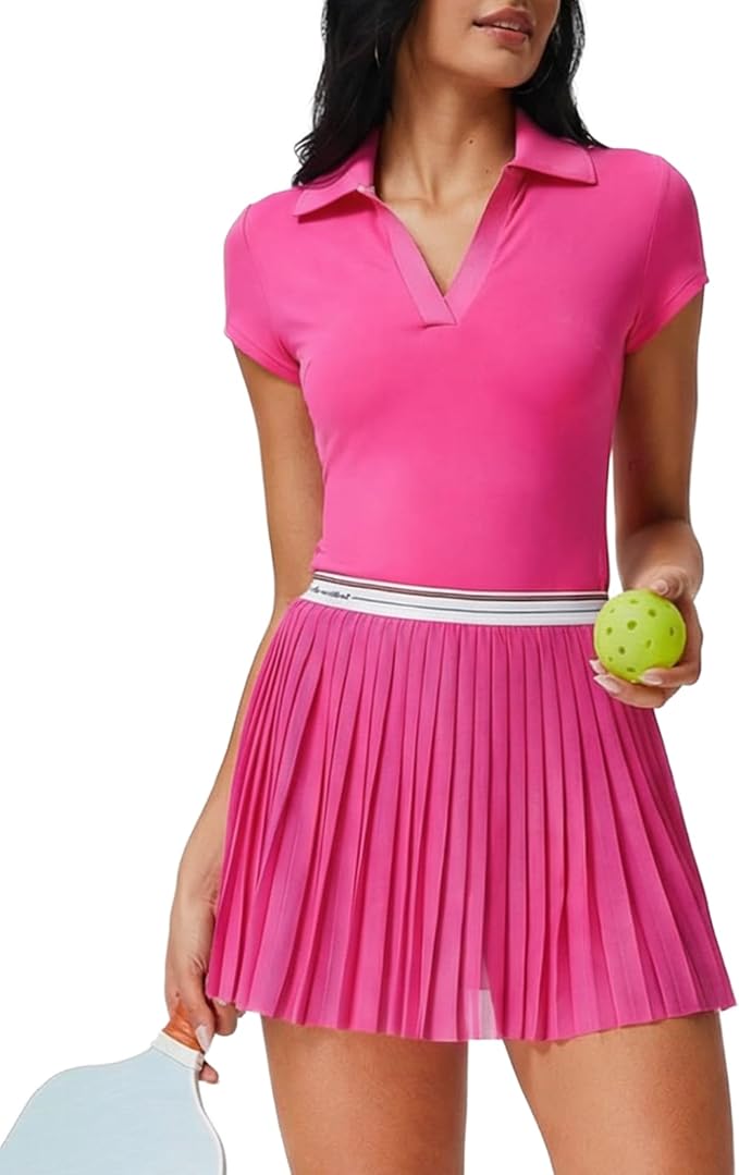 Mudere 2 Piece Golf Outfits for Women Tennis Skirt Set Built-in Shorts | Deep V-Neck Lapel, Silky Breathable High Stretch Fabric, Side Pockets, Activewear, Athletic Wear