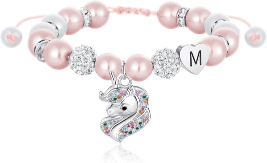 C-leen Unicorn Bracelet Gifts for Teens, Adjustable Pink Pearl and Rhinestone Balls Heart Initial Unicorn Bracelets Jewelry Gift for Birthday Christmas gifts