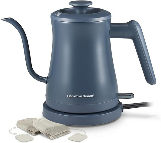 Hamilton Beach Compact 20 oz. / 0.6 Liter Gooseneck Electric Kettle for Boiling Water, Pour Over Coffee, Tea, 1200 Watts, Stainless Steel BPA-Free Interior, Kitchen Makeover Blue (41047)