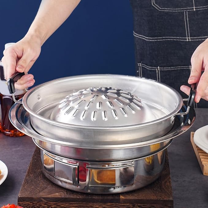 BESPORTBLE Thai Korean Bbq Grill Pan, Stainless Steel Barbecue Grill Tray Camping Bbq Pan Smokeless Roasting Pan Cooking Meat Vegetable Stovetop Plate for Outdoor 30cm