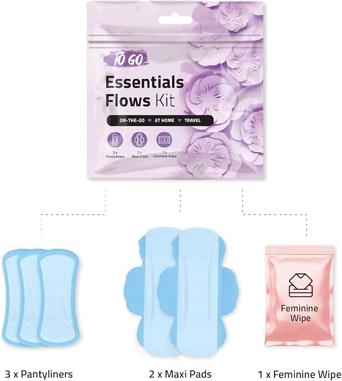 Essential Flows Kit with 3 Pantiliners, 2 Maxi Pads & 1 Feminine Wipe – Light Daily Period Care for Women & Girls – Travel Hygiene Pack (Purple) (3)