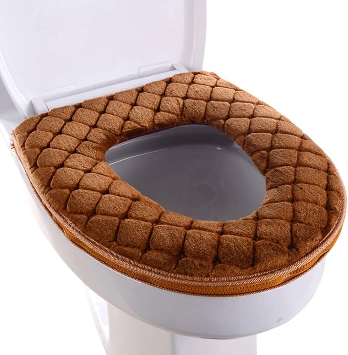 Toilet Seat Cover Soft Toilet Seat Cushion Warmer Washable Cover Pads with Zipper Brown