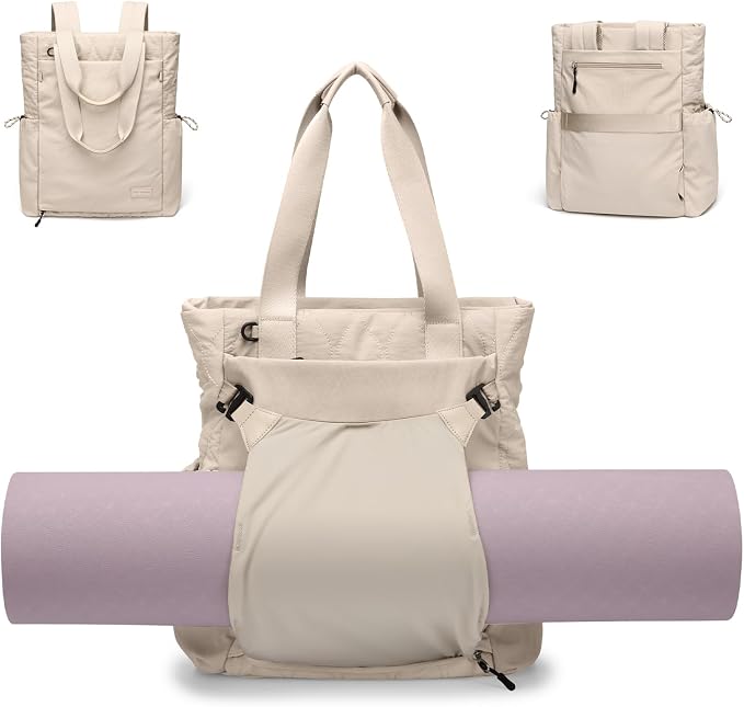 GOLF SUPAGS 3-in-1 Laptop Tote Backpack for Women 15.6" Quilted Work Gym Bag with Hidden Yoga Mat Carrier for Travel Leisure (Apricot)