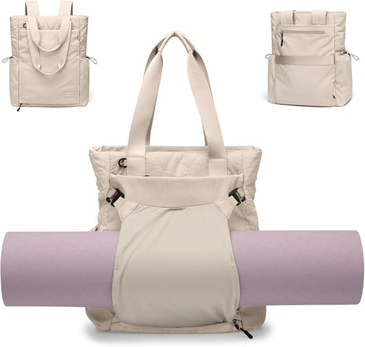 GOLF SUPAGS 3-in-1 Laptop Tote Backpack for Women 15.6" Quilted Work Gym Bag with Hidden Yoga Mat Carrier for Travel Leisure (Apricot)