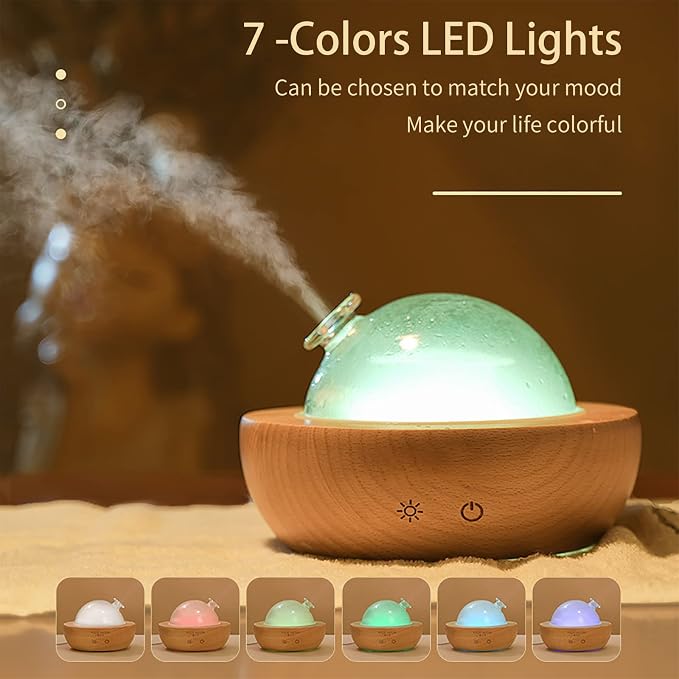 Glass Essential Oil Diffuser with Real Wood Base, 180ml Aromatherapy Diffuser with 2 Mist Modes, 7 Colors LED Light Ultrasonic Cool Mist Humidifier for Home and Office