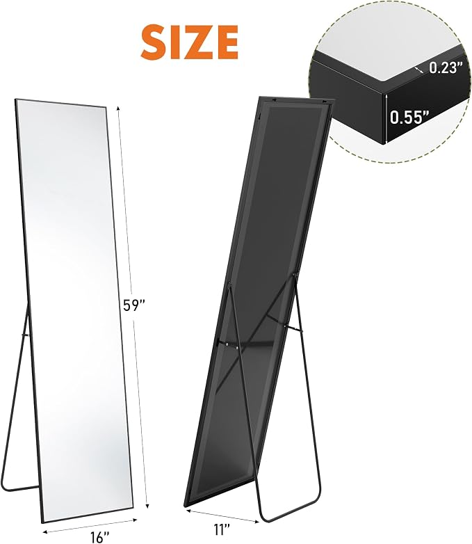 OLIXIS 59"x16.6" Full Length Mirror, Full Body Mirror with Stand | Aluminum Alloy Thin Frame, Free Standing Mirrors for Bedroom, Hanging or Leaning Floor, Living Room Bedroom, Black