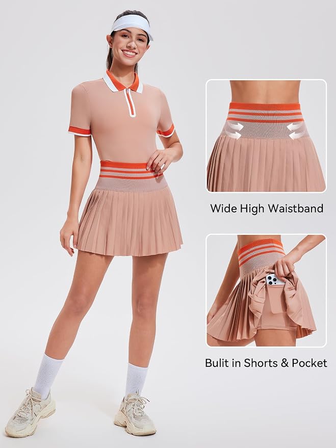 Tennis Skirt Sets for Women Zipper Color Block High Waisted Golf Polo Two Piece Skirt Set Women 2 Piece Outfits