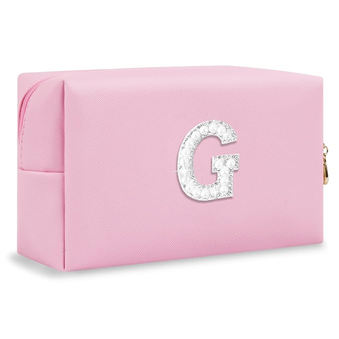 ChaoGreat Bride Gifts – Personalized Initial Makeup Bag with Pearl Rhinestone Patch, Preppy Pink Monogram Cosmetic/Toiletry Pouch, bridesmaid Gifts, Bridal Shower Gifts, Wedding Gifts, Bridal Gifts,G