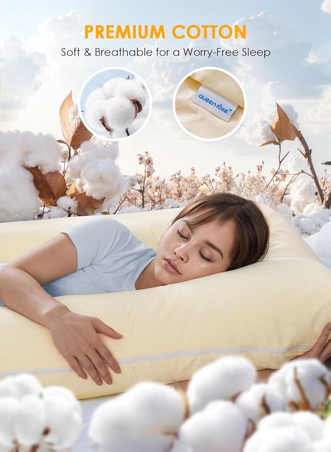 QUEEN ROSE Pregnancy Pillows, Soft Cotton U Shaped Body Pillow for Sleeping, Maternity Pillow for Pregnant Women, Sunlight Yellow