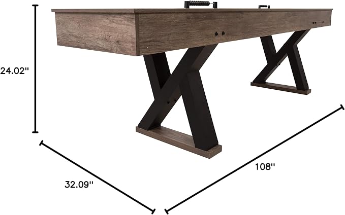 American Legend Kirkwood 9’ Shuffleboard Table with LED Rails, Bowling Game Set, Rustic Wood Finish & Accessories Included