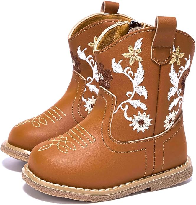 Newsonet Baby Cowboy Cowgirl Boots Infant Western Boots Toddler Boys Girls Round Toe Riding Mid Calf Boots All Seasons for 6 9 12 18 24 Months
