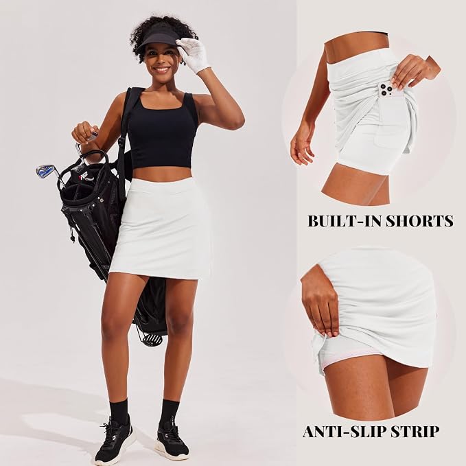 Ekouaer 16" Skorts for Women with Pockets Golf Pickleball Tennis Skirt | Silicone Grippers,2 Inner Pockets,Wide Waist,Side Slit Hem,Breathable,Soft,Lightweight
