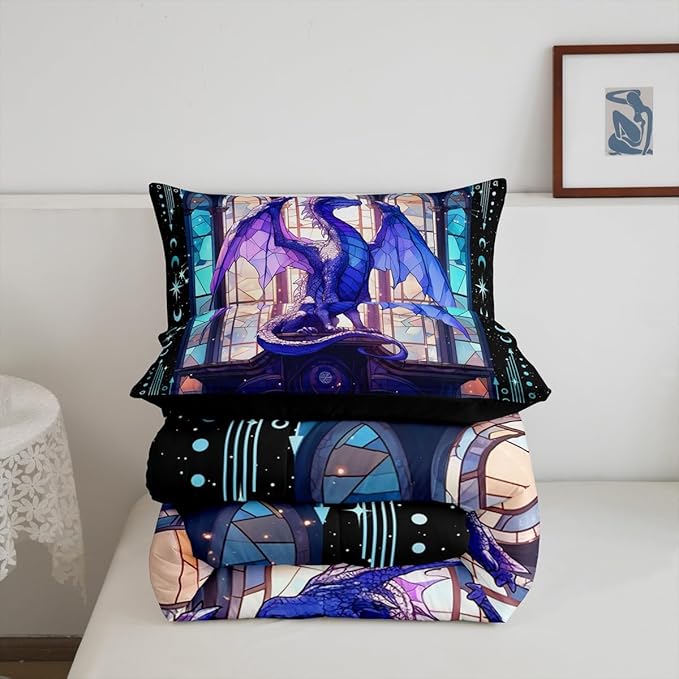 Feelyou Dragon Comforter Set Queen Size Comforter for Boys Girls Teens Modern Bedding Set Dragon Decor Duvet Set Room Decor Purple Quilt Set