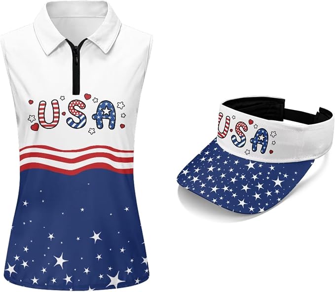 POLERO Golf Tank Top Women Golf Shirts and Visor Hat Collared Racerback Tennis Shirt Set Quarter Zip