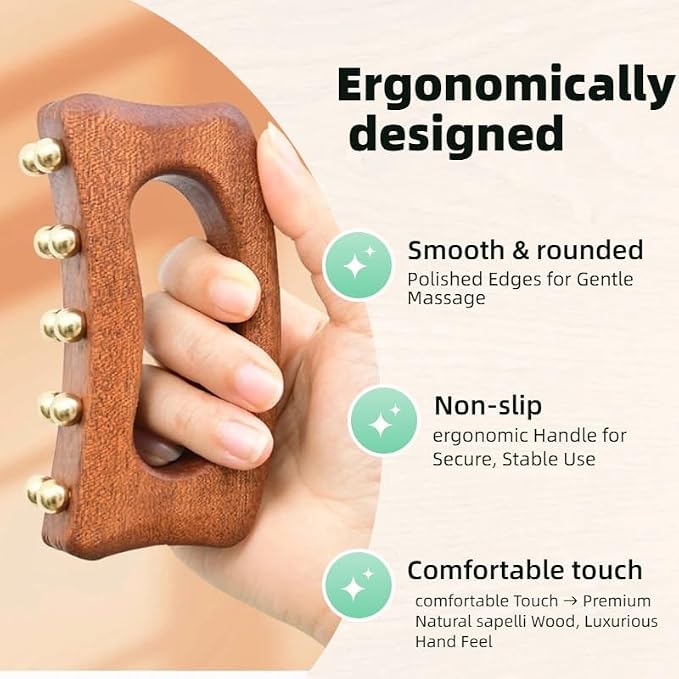 Brass Beads Gua Sha Massage Board for Neck Shoulder Back Abdomen Muscle Relaxation, Body Sculpting & Meridian Relief Copper Meridian Point Massage Board Chinese SPA Gua Sha Tool Natural Wooden Handle