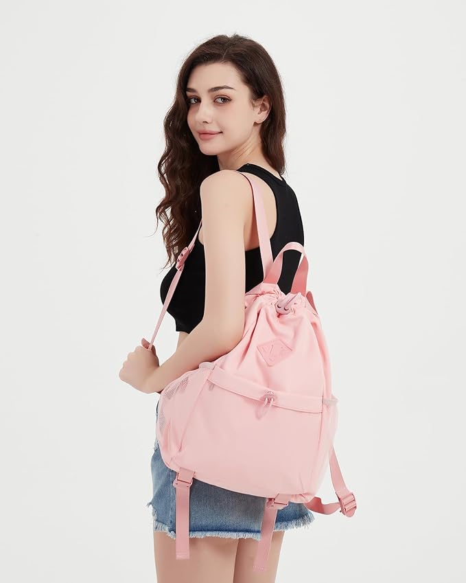 WANDF Drawstring Backpack for Women, Lightweight Gym Bag with Yoga Mat Strap, Water-Resistant String Backpack with Mesh Pocket (Pink, Patent Pending)