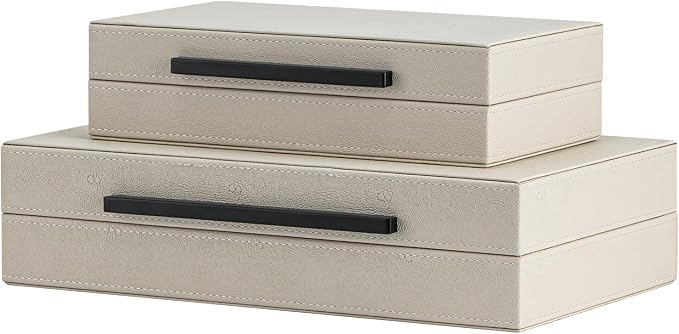 Set of 2 Beige Shagreen Decorative Storage Boxes with Black Metal Handles – Faux Leather Jewelry & Memory Boxes, Nesting Photo Organizers for Home Decor