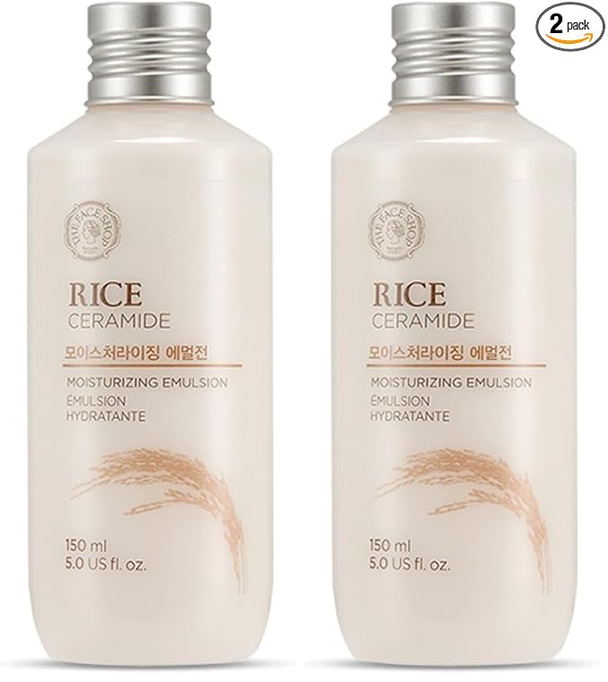 The Face Shop Rice Ceramide Moisturizing Emulsion, Hydrating with Rice Water, Targets Dryness, Strengthens Skin Barrier, Lightweight, Korean Skin Care, 5.0 fl. oz. (Pack of 2)