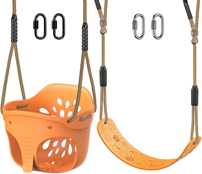 SELEWARE Toddler Swing Set Accessories, High Back Full Bucket Swing Seats with Adjustable Rope and 4 Locking Carabiners, Cute Elephant Shape Design 600LB Capacity (2 Pack)