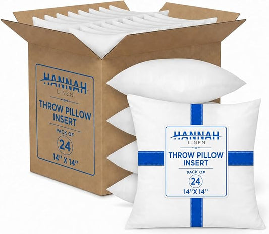 Hannah Linen Throw Pillow Inserts 14x14 – 24 Pack Square Decorative Pillow Insert for Couch, Sofa & Bed, Soft Fluffy Polyester Filled Cushion Stuffers, Indoor Home Decor Pillows