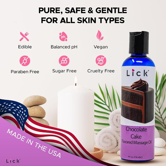 Lick Chocolate Cake Flavored Massage Oil – Decadent Bakery-Inspired Edible Massage Oil with Vitamin E, Rich Smooth Glide for Couples Massage Nights, 4 oz