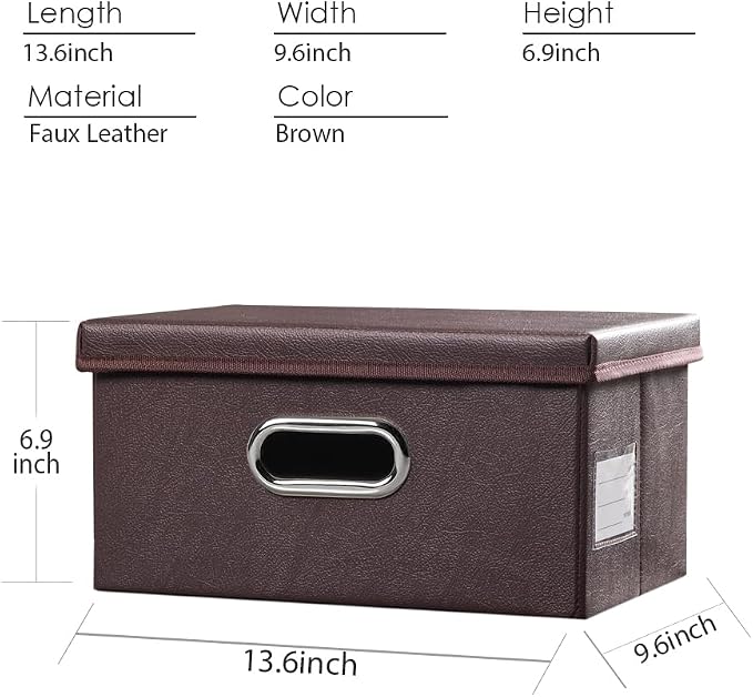 Collapsible Storage Box with Lid [3-Pack] Leather Fabric Foldable Storage Bin Organizer Container Basket Cube with Cover for Home Bedroom Closet Office Nursery Brown(13.6x9.6x6.9)