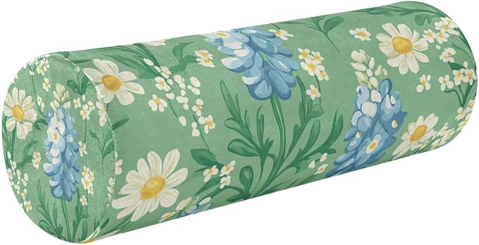 Mint Green Bluebonnet and Daisy Flowers Neck Roll Pillow Bolster Round Health Memory Foam Long Cervical Cylinder Pillows with Removable Washable Cover for Body Bed Legs Back Yoga