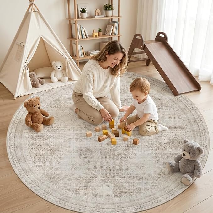Round Area Rug for Living Room: 6ft Vintage Boho Neutral Washable Circle Rug Soft Large Circular Carpet for Bedroom Nursery Farmhouse Dining Room Office Floor Non-Slip Low Pile Under Table Rug Brown