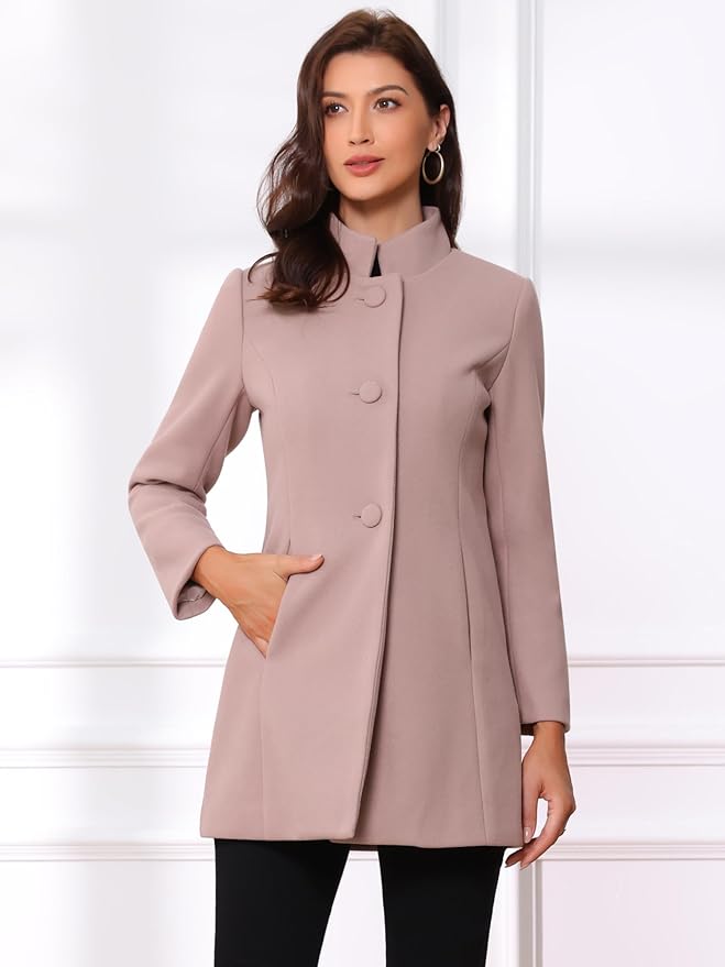 Allegra K Women's Winter Overcoat Mid-Long Stand Collar Single Breasted Coat Outerwear