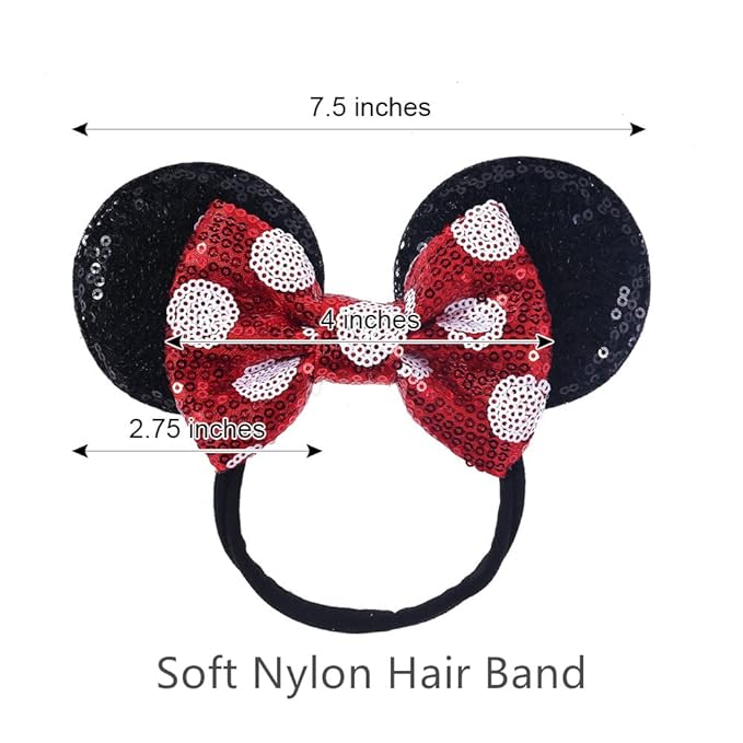 JIAHANG Mouse Ears Sequin Bow Nylon Hairband with Polka Dot, Hair Bow Headband, Soft Elastic Headwear for Baby Girl Newborn Toddler, kids, Party Supplies