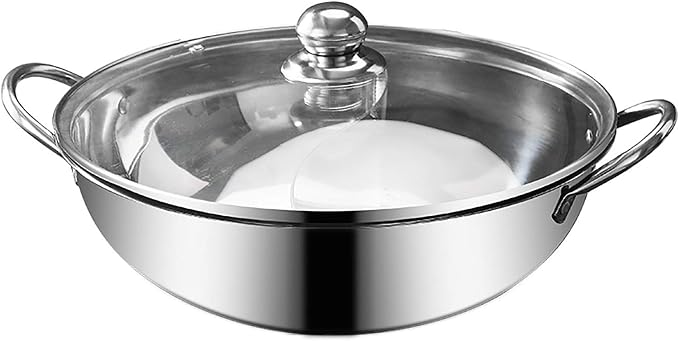 Shabu Shabu Hot Pot 12" Stainless Steel Hot Pot Pot with Glass Lid, Dual Side Split Pot Korean Ramen Pot for Induction Cookers, Gas Stoves, Electric Stoves, Ceramic Stoves