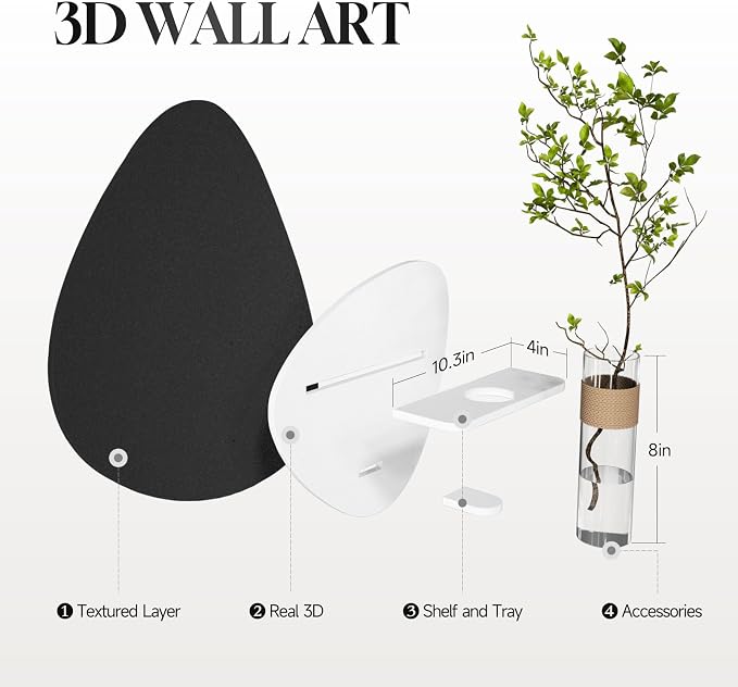 Cuspin 3D Textured Black and White Wall Art with Vase and Shelf, 1 Piece | Modern minimalist wall decor, Abstract art wall decor, Sculptural wall art for living room bedroom dining room hallway decor