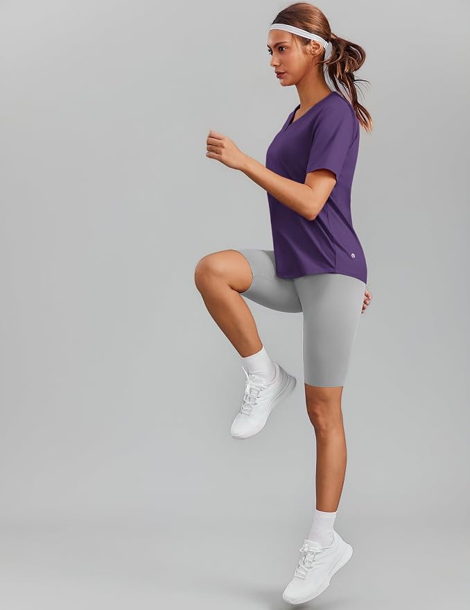 PINSPARK Soft Workout Tops for Women Short Sleeve V Neck Moisture Wicking UPF 50+ Sun Protection Quick Dry Gym Shirts