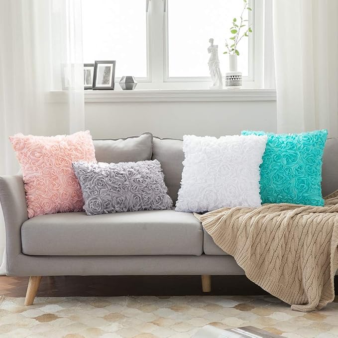 MIULEE Decorative Rose Flower Pillow Covers Pack of 2 Grey 12x20 Inch | Cute Romantic Stereo Chiffon Throw Pillow Cover Aesthetic Solid Pillowcase for Girl Coquette Room Decor Coach Bedroom