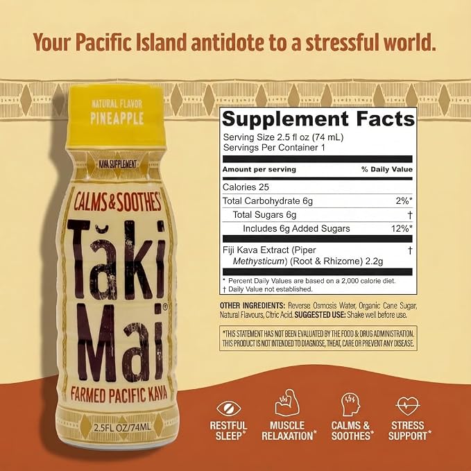 Taki Mai Pineapple Kava Kava 2.5 oz (6-pack) Shots – Noble Kava Root Drink, Ready to Drink for Stress Support & Relaxation, Fast Acting Herbal Support for Calming Better Sleep and Balanced Mood