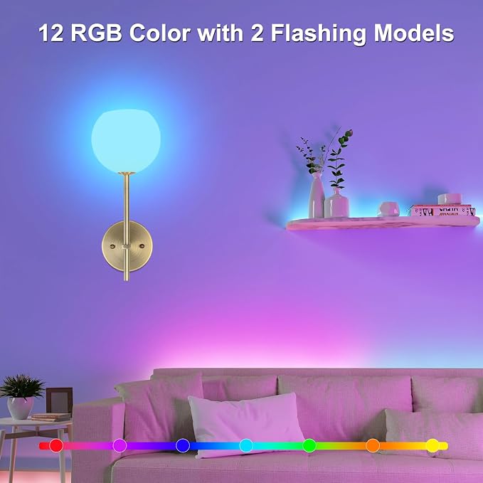 Brass Battery Operated Wall Sconces Set of 2, Rechargeable Wireless Wall Lights with Milky White Frosted Glass, 12 RGB and 3CCT Dimmable, Wall Lamps with Remote for Bedroom Living Room Hallway