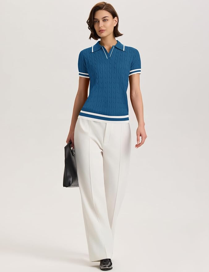 Micoson Womens Short Sleeve Sweater Tops Lapel V Neck Polo Shirts 2026 | Summer Cable Knit Loose Blouses, Business Casual Outfits