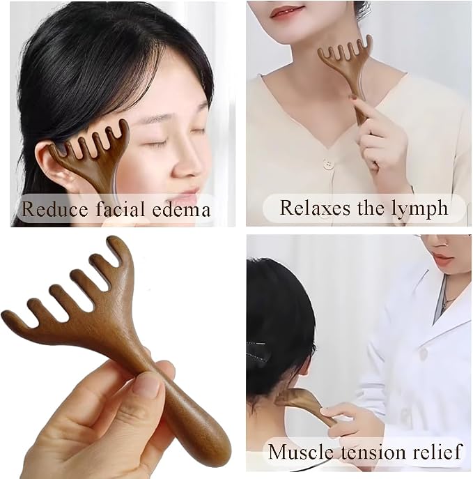 OULIGET Natural Wooden Gua Sha Tool,Wooden Gua Sha Scraping Massage Tool,Long Handle Sandalwood Six Claw Antler Massager,1 Pieces