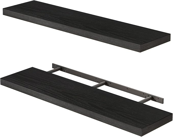Fixwal Floating Shelves for Wall, 35.4" Long Heavy Duty Wall Mounted Rustic Wood Shelves for Living Room, Bedroom, Bathroom and Kitchen, Wall Shelves for Storage, Books, Room Decor (Black, Set of 2)