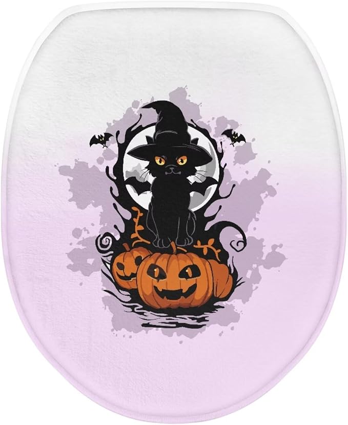 Halloween Cat Toilet Seat Cover, Fits Most Most Round, Elongated and Oblong Lid, Bathroom Accessories Elastic Band at the Bottom Toilet Lid Cover