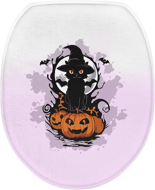 Halloween Cat Toilet Seat Cover, Fits Most Most Round, Elongated and Oblong Lid, Bathroom Accessories Elastic Band at the Bottom Toilet Lid Cover