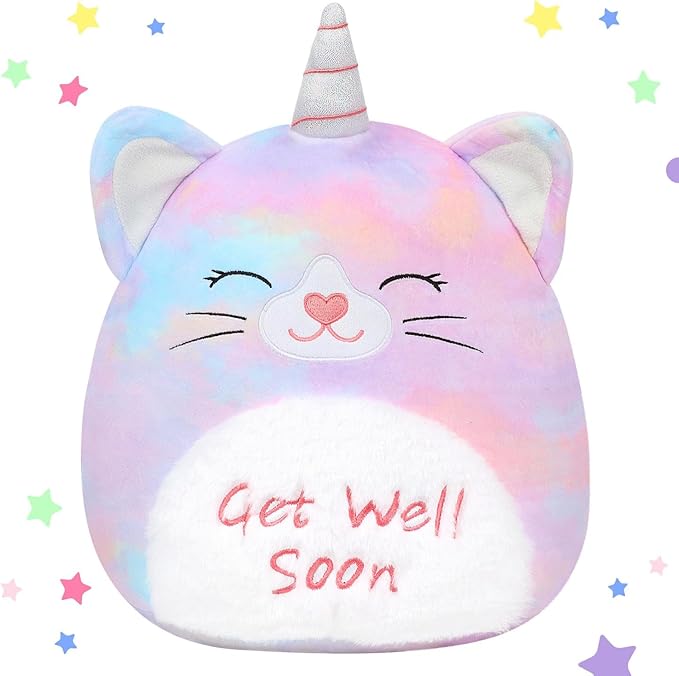 Easfan 13'' Get Well Soon Unicorn Cat Plush Pillow Soft Cute Stuffed Animal with Silver Horn Feel Better Gifts for Kids Patient Feel Better for Women