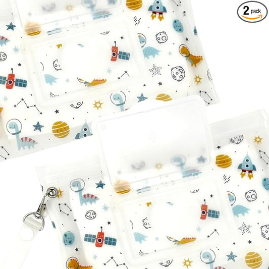 Baby Wipes Dispenser Portable & Refillable Wet Wipe Pouch Pack of 2 Reusable Wipes Holder and Wipe Container, Baby Essential, Makeup Wipe Travel Case - Regular Size, Dinosaurs Love