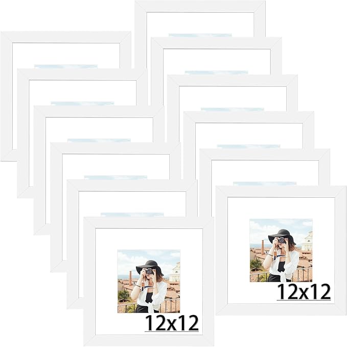 Picrit 12x12 Picture Frame Set of 12, Display 8x8 with Mat or 12 x 12 without Mat, Photo Frames for Wall Mounting Display, White